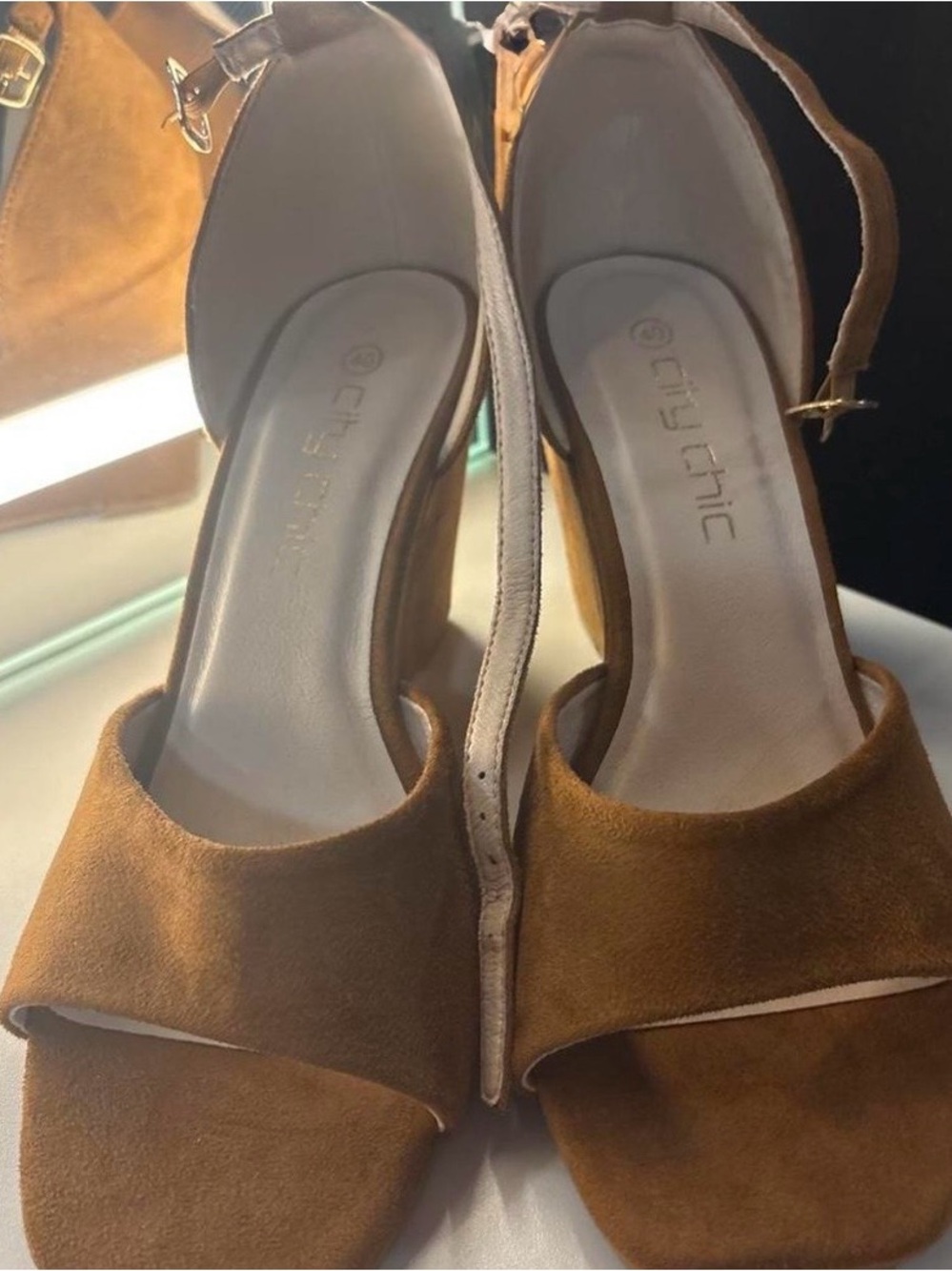 Qupid Tan Suede Open-Toe Ankle Strap Heels
